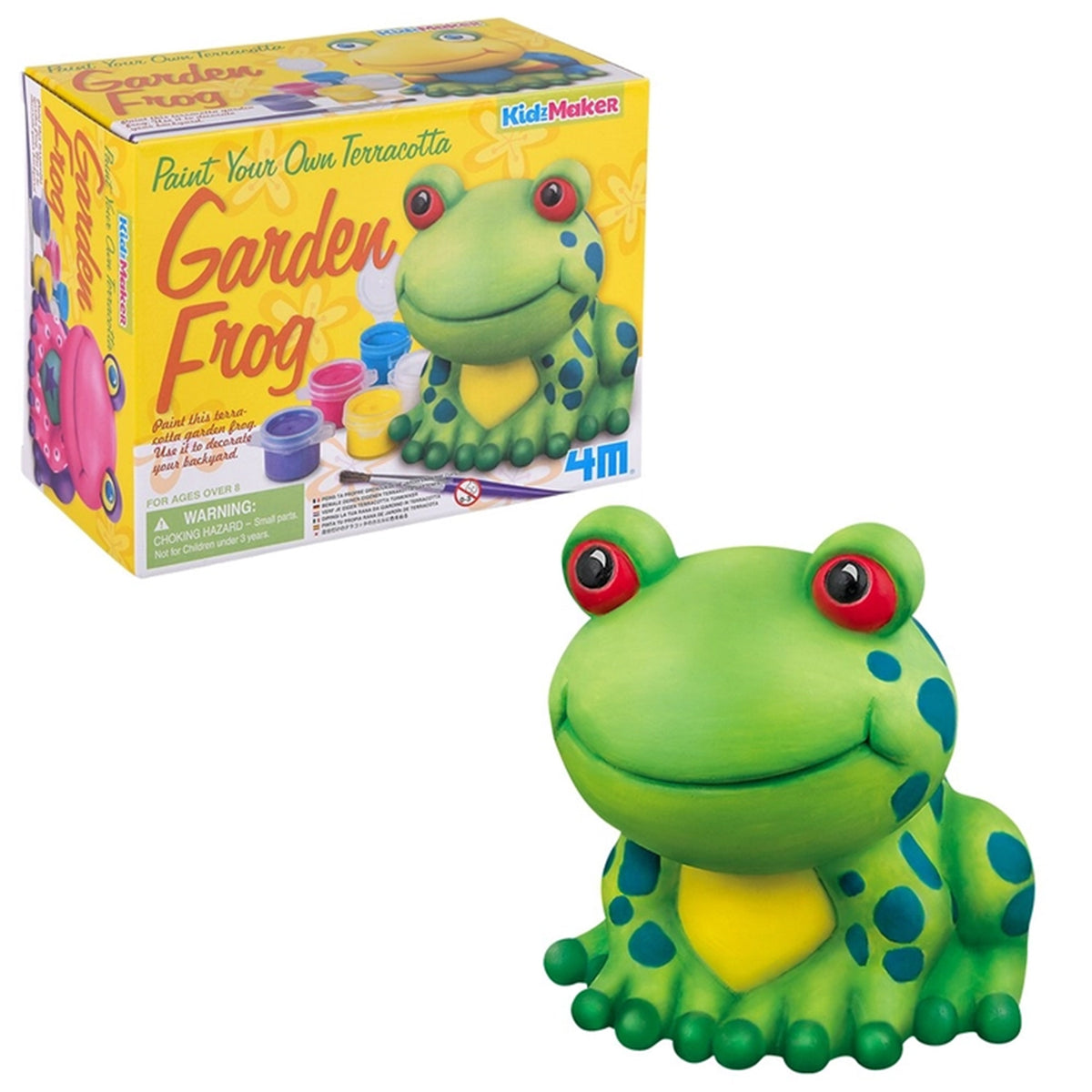 Green ceramic garden frog paint-your-own craft kit next to its packaging on a white background
