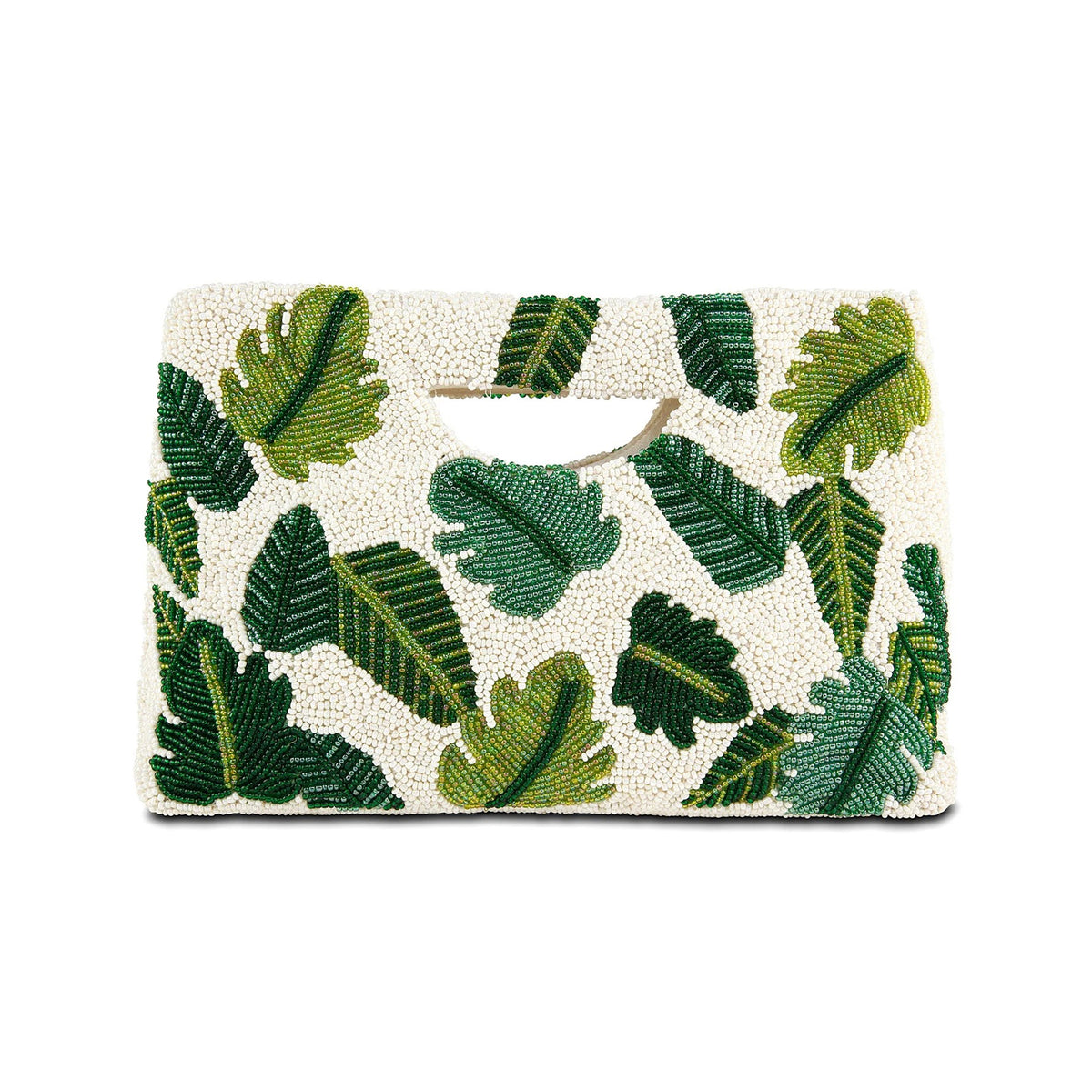 Clutch bag with green leaf pattern on a white background