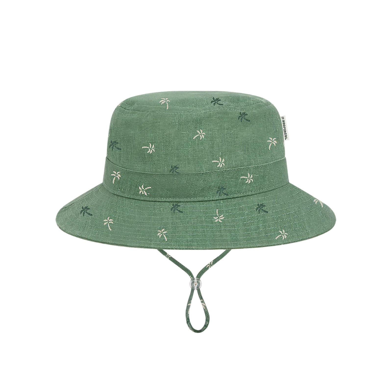 Green baby bucket hat with floral pattern on a white background