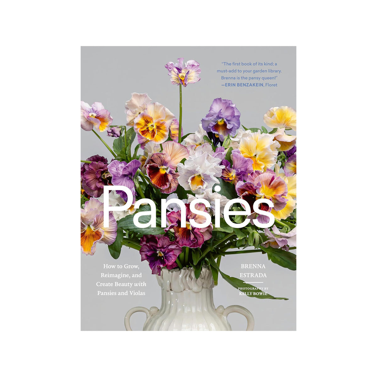 Book cover of 'Pansies' with a bouquet of flowers on a gray background