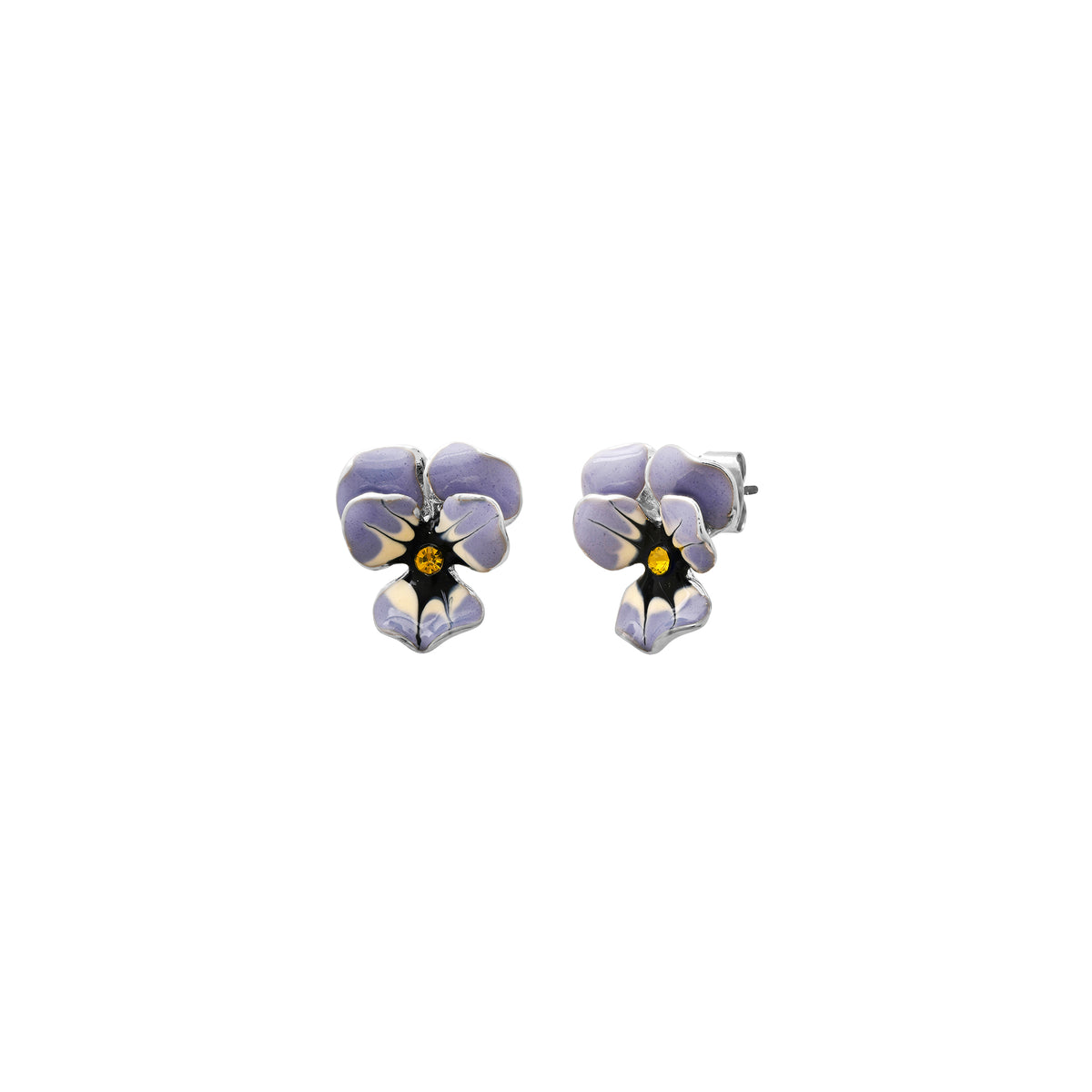 Pair of purple pansy flower-shaped earrings on a white background