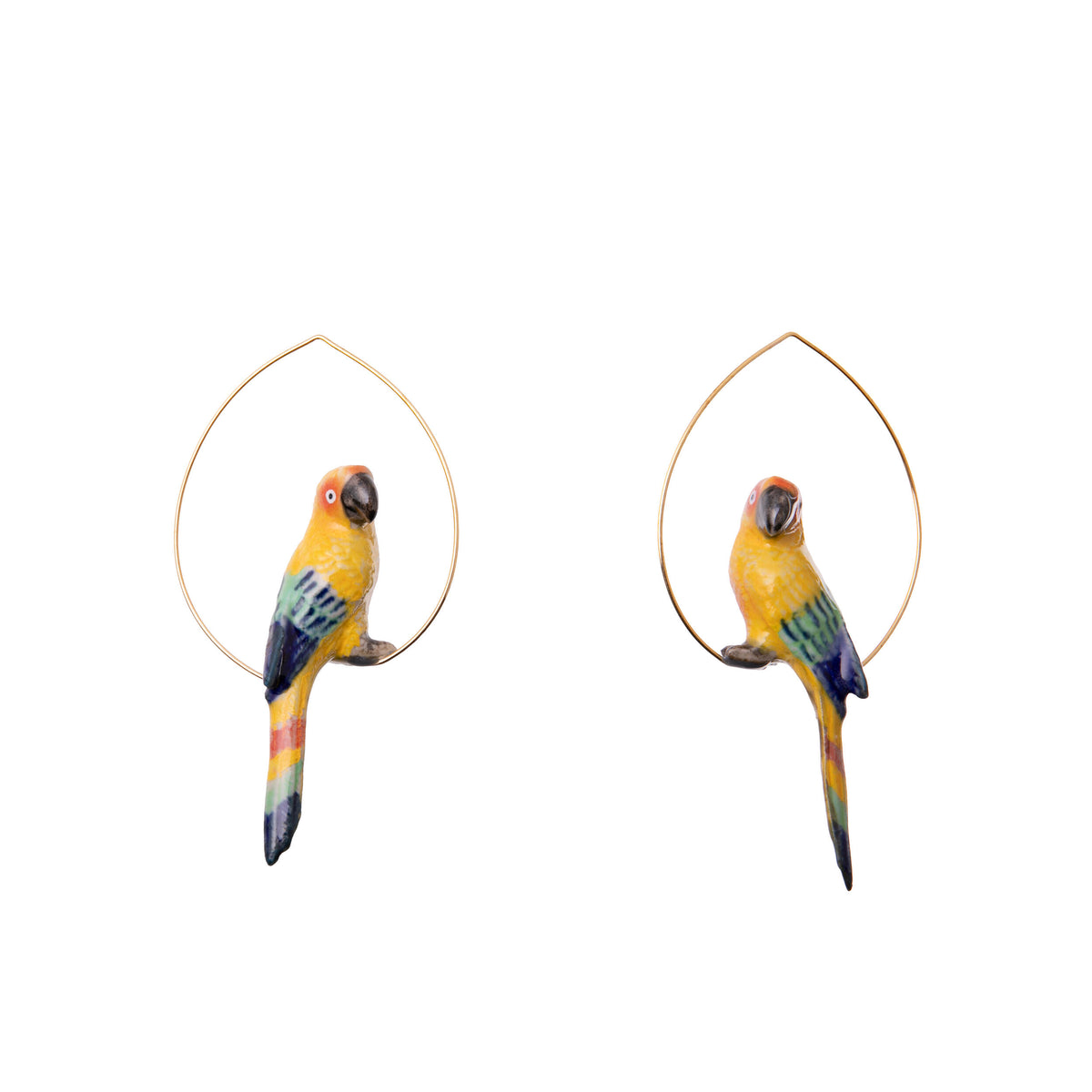 Colorful parrot-shaped earrings on gold hoop backs against a white background