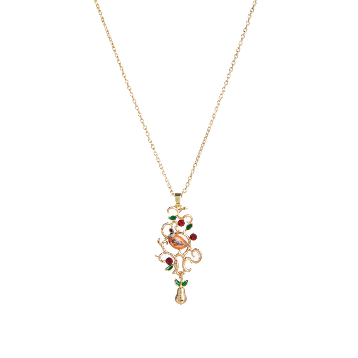 Gold necklace with a colorful pendant on a white background