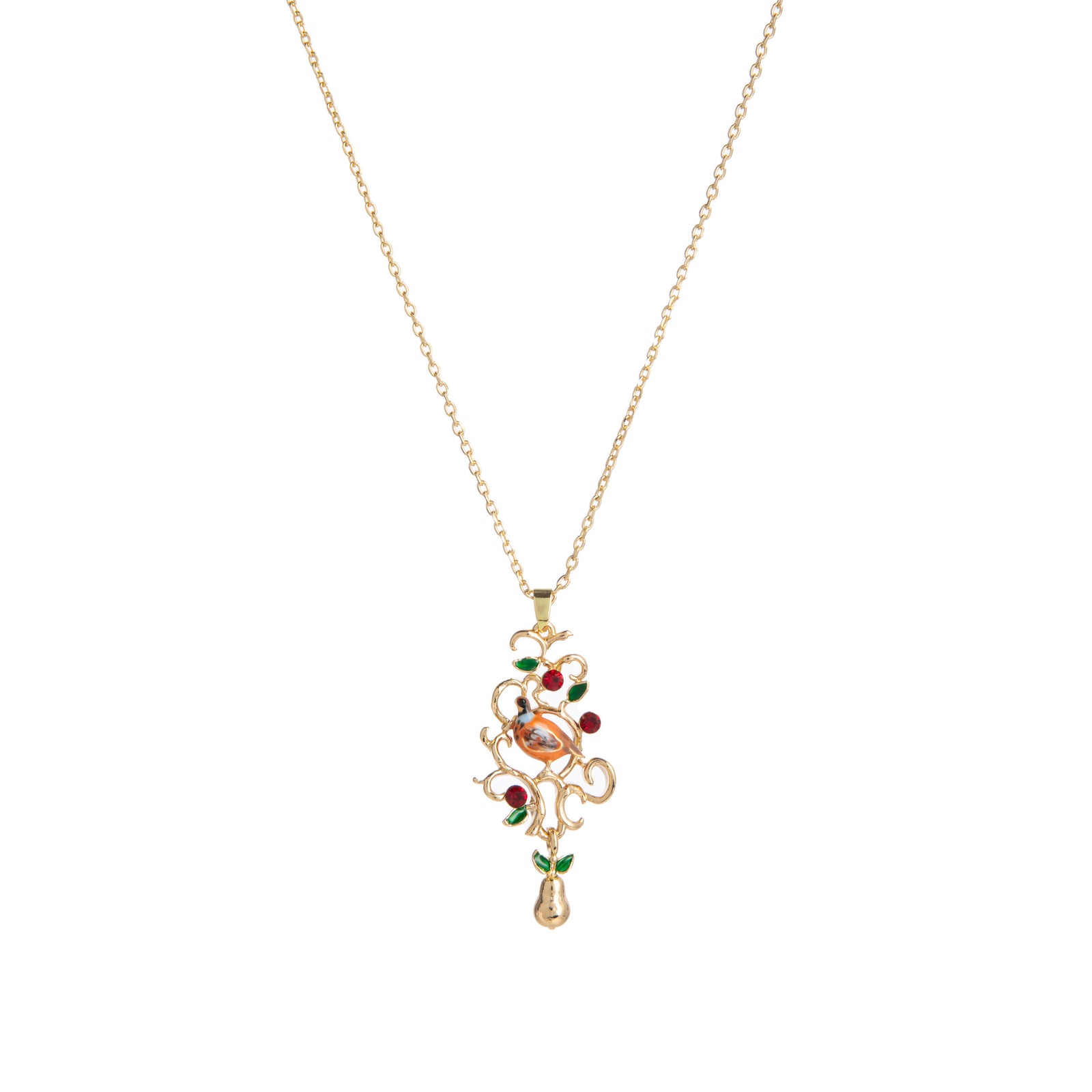 Gold necklace with a colorful pendant on a white background