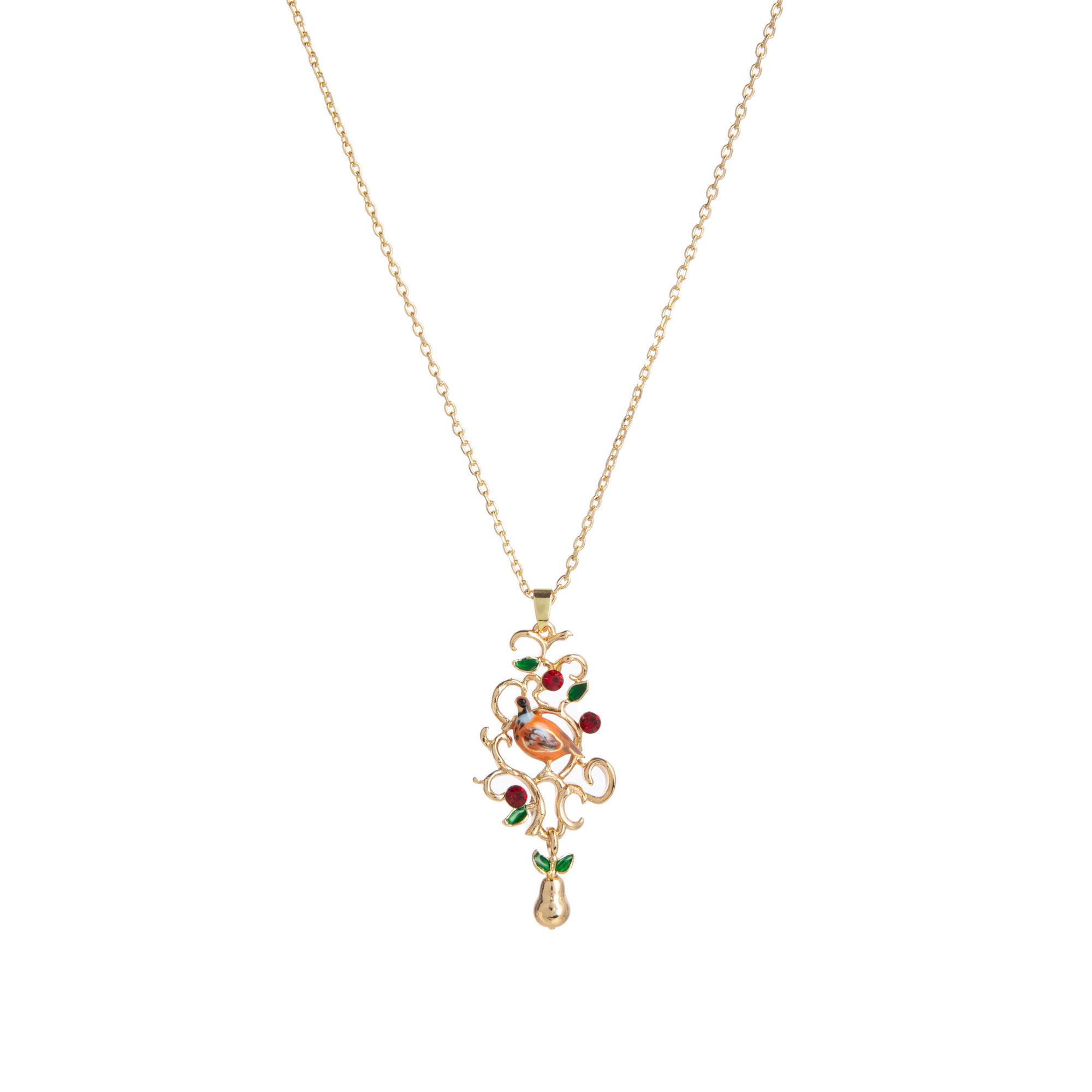 Gold necklace with a colorful pendant on a white background