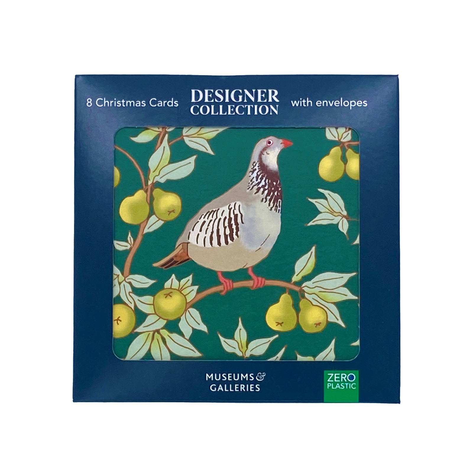 Box of Christmas cards with a bird and pear design, featuring the 'Museums & Galleries' brand.