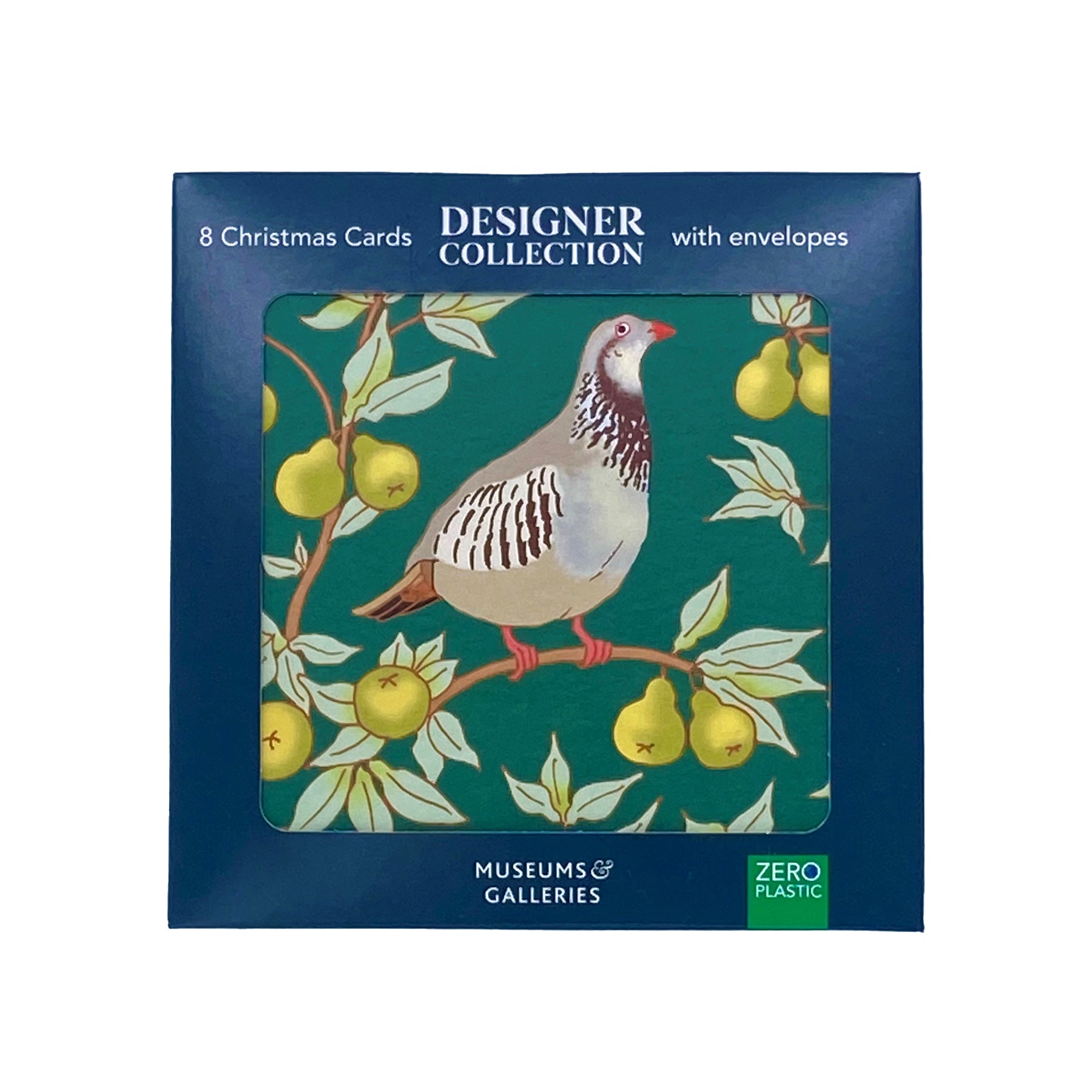 Box of Christmas cards with a bird and pear design, featuring the 'Museums & Galleries' brand.