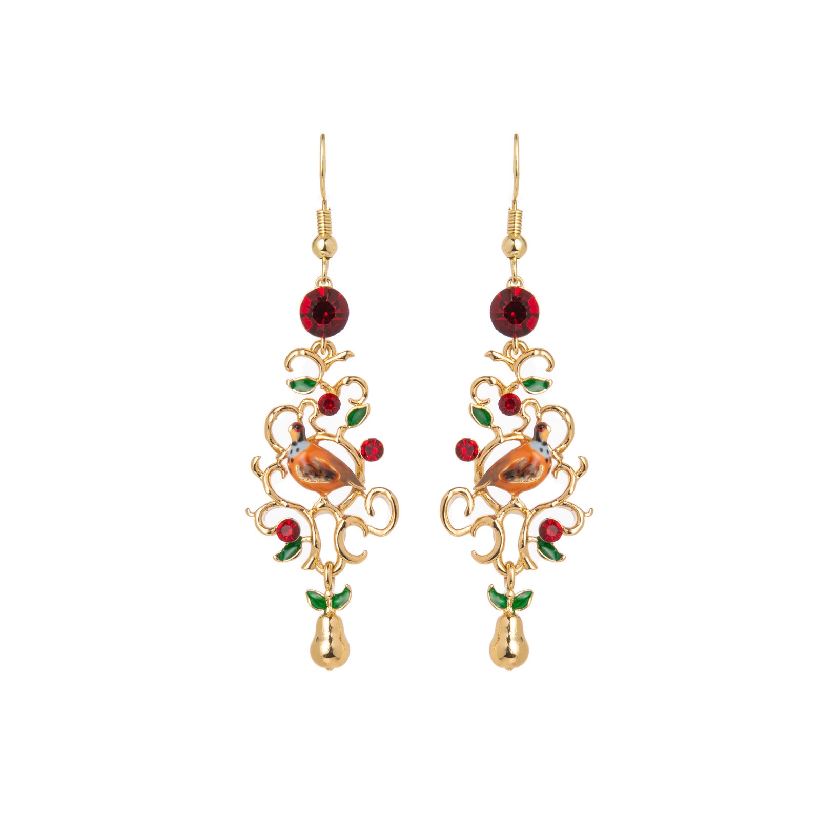 Dangle earrings featuring a partridge in a pear tree on a gold filigree base, on a white background.