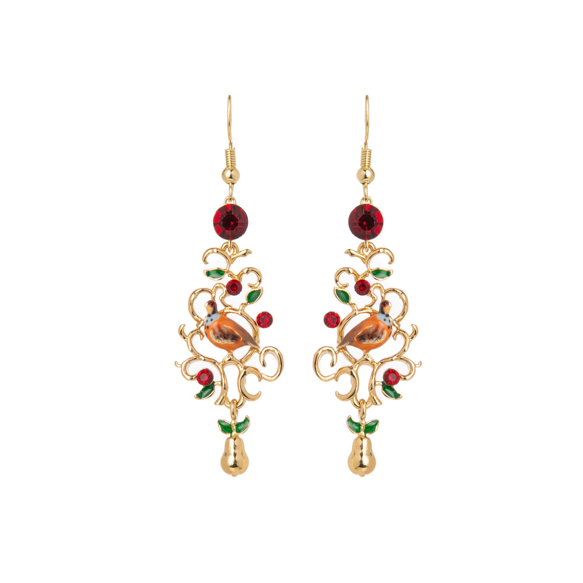 Dangle earrings featuring a partridge in a pear tree on a gold filigree base, on a white background.