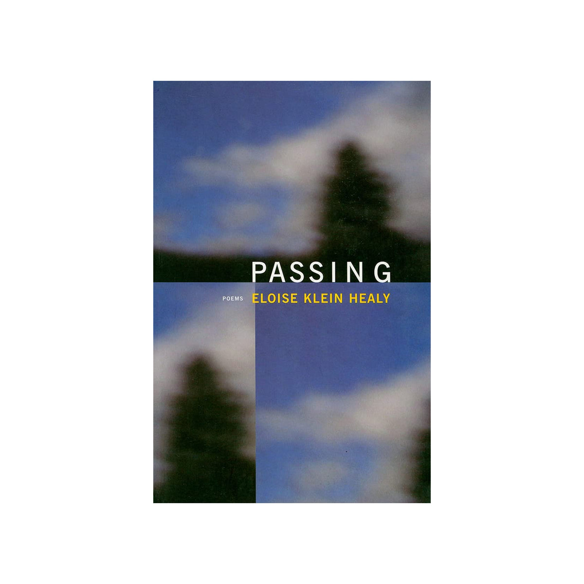 Book cover of 'Passing' by Eloise Klein Healy with a blurred background of trees and sky.