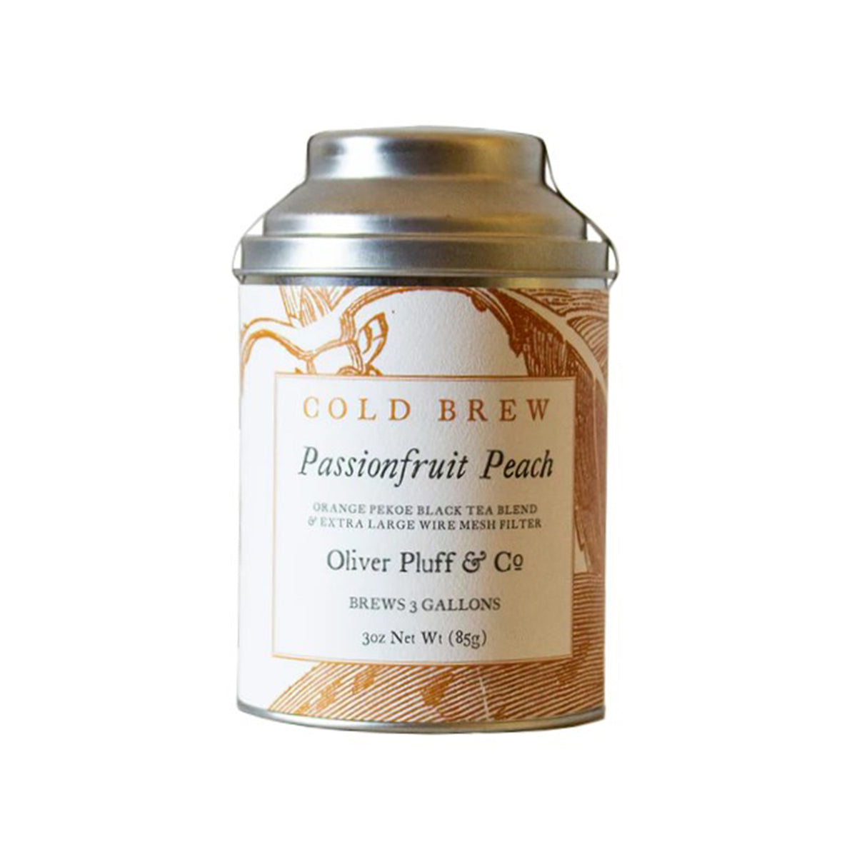 Cold brew passionfruit peach tea canister with decorative label on a white background