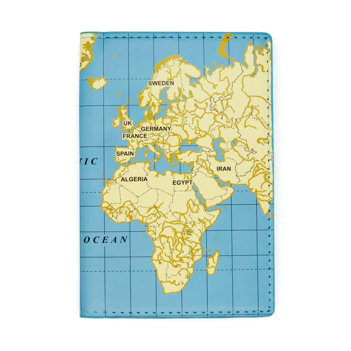 Add to your travel experience with this world map inspired passport case. Folded up, it keeps your passport and traveling documents safe and in one place. Made of Vegan leather with RFID blocking technology. Dimensions: 15.2 x 10.1 cm Vegan faux leather.