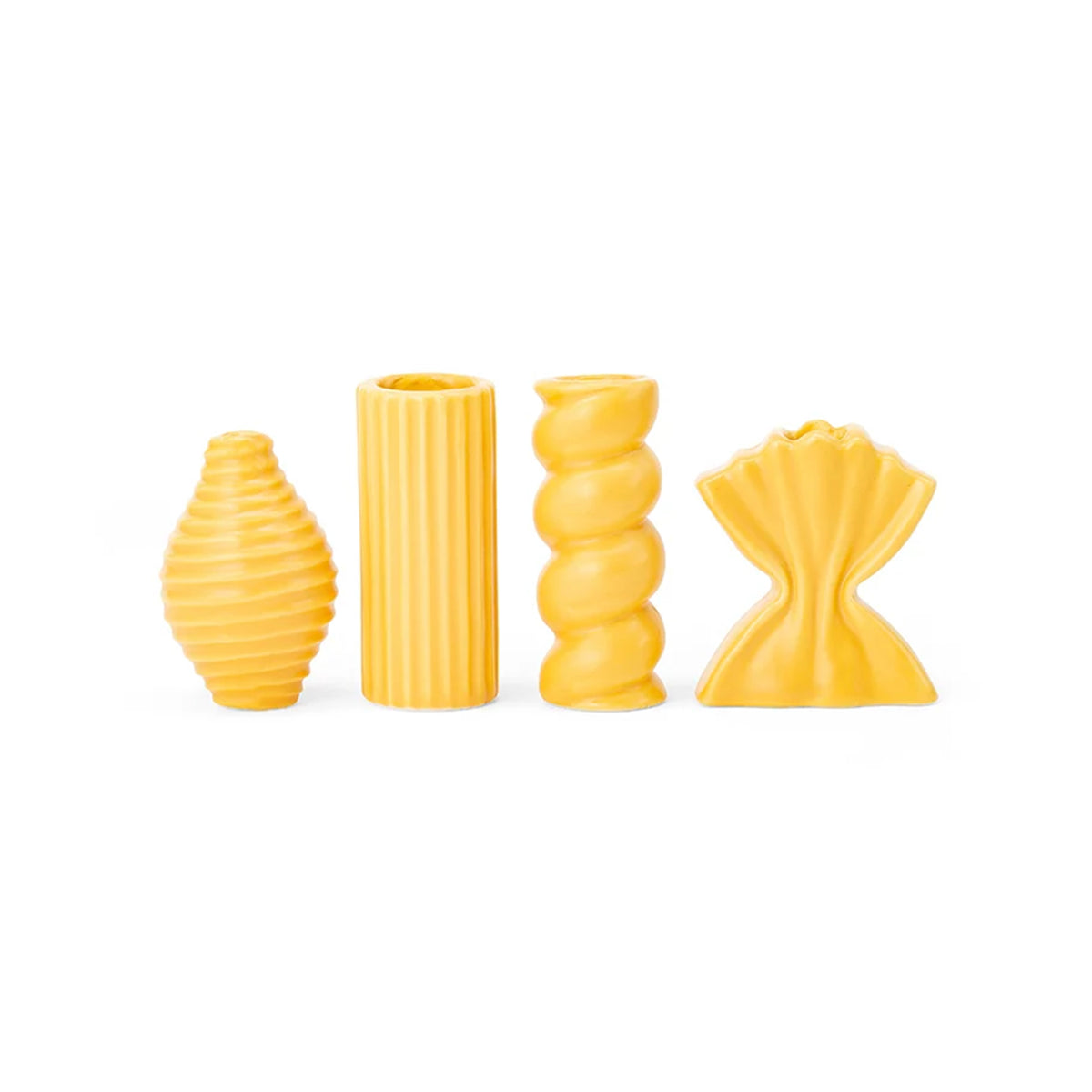 Four small ceramic vases shaped like pasta on a white background