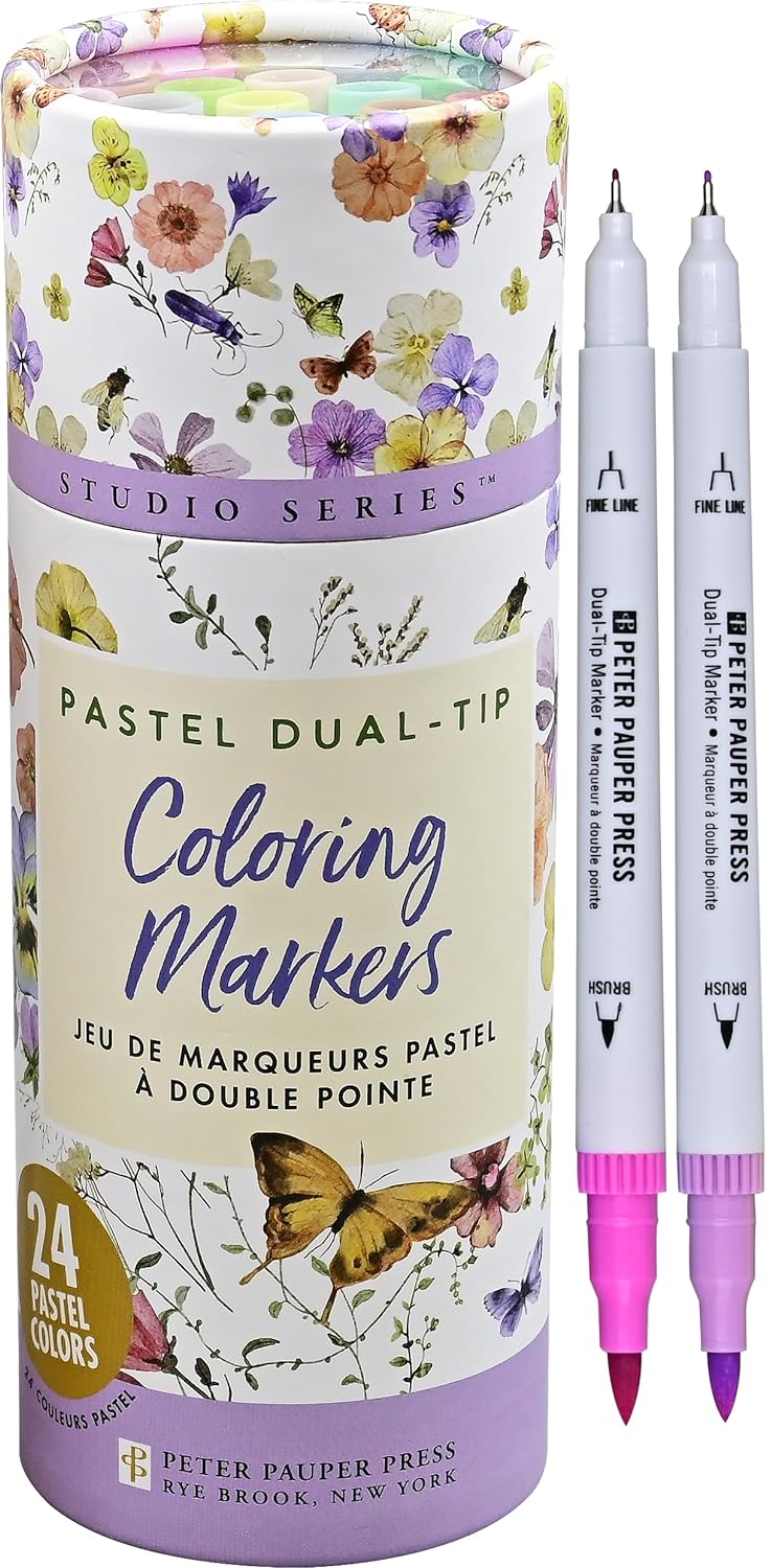 These pretty pastel markers are ideal for drawing, lettering, coloring, crafting, and more. This set of 24, pastel-toned marker pens have two tips; fine (0.4mm) for intricate detail work, and brush, for broad area coverage and highlighting. Dimensions: 7.5" x 2.5".