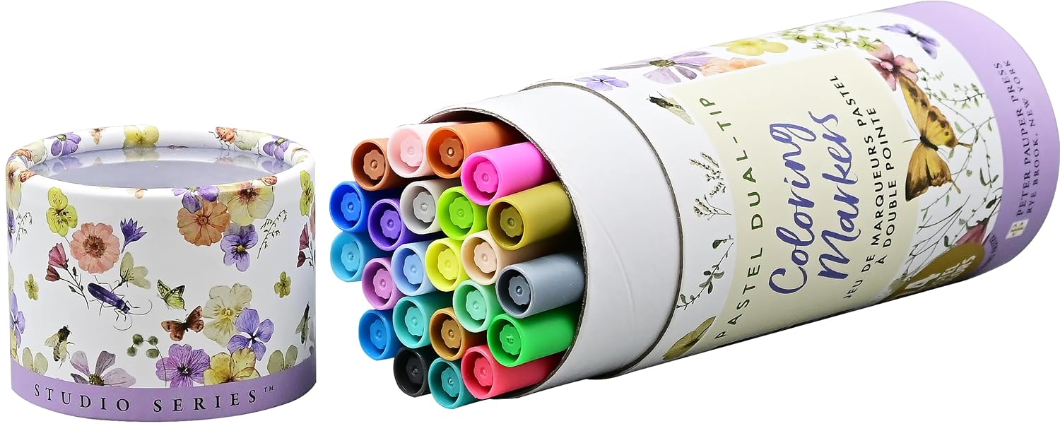 These pretty pastel markers are ideal for drawing, lettering, coloring, crafting, and more. This set of 24, pastel-toned marker pens have two tips; fine (0.4mm) for intricate detail work, and brush, for broad area coverage and highlighting. Dimensions: 7.5" x 2.5".