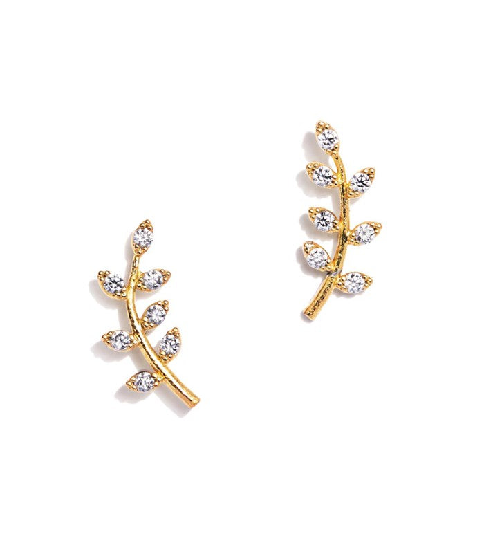 Add a little natural beauty to your jewelry collection with this mini leaf branch earrings. Made from gold plated brass, each leaf is accented with a sparkling crystal for an extra pop pf elegance and sparkle. Materials: Gold plated brass, CZ crystals Dimensions: 0.5" x 0.1"