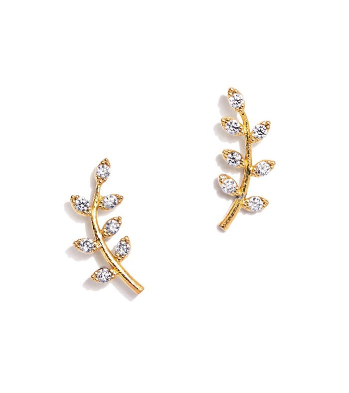 Add a little natural beauty to your jewelry collection with this mini leaf branch earrings. Made from gold plated brass, each leaf is accented with a sparkling crystal for an extra pop pf elegance and sparkle. Materials: Gold plated brass, CZ crystals Dimensions: 0.5&quot; x 0.1&quot;