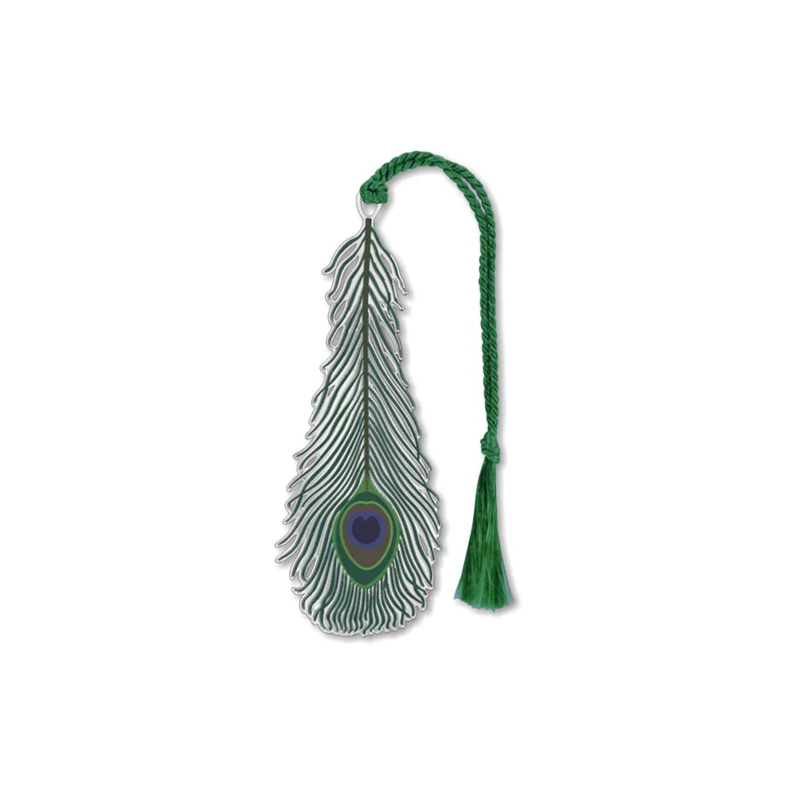 Peacock feather-shaped bookmark with a green tassel on a white background