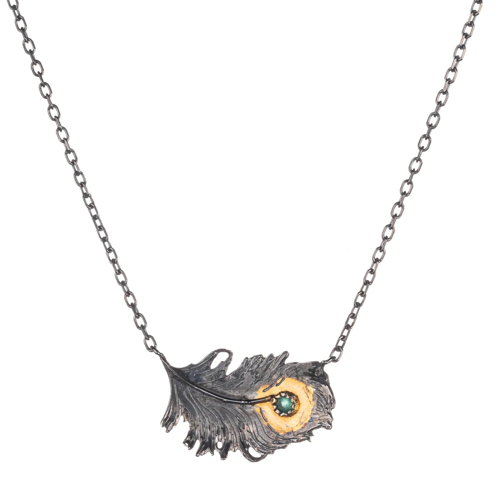 Necklace with a feather-shaped pendant on a white background