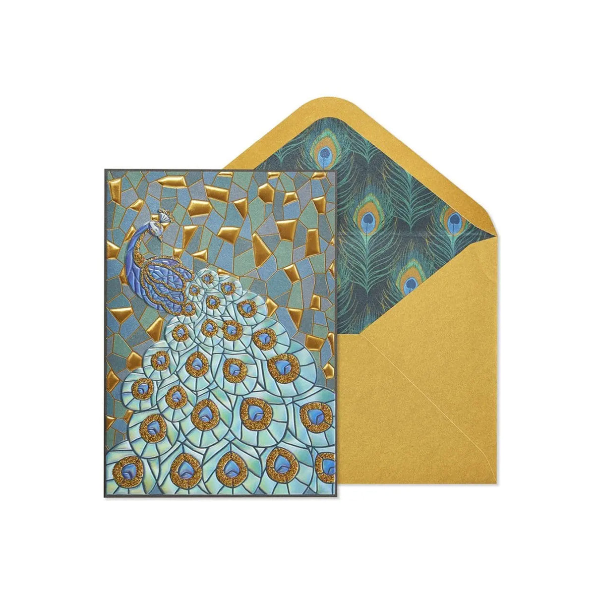 Decorative card with peacock design and matching envelope on a white background