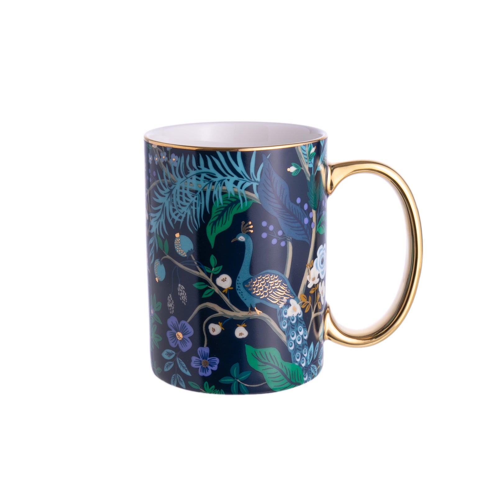 Midnight blue porcelain mug with a decorative design of peacocks and flowers on a white background