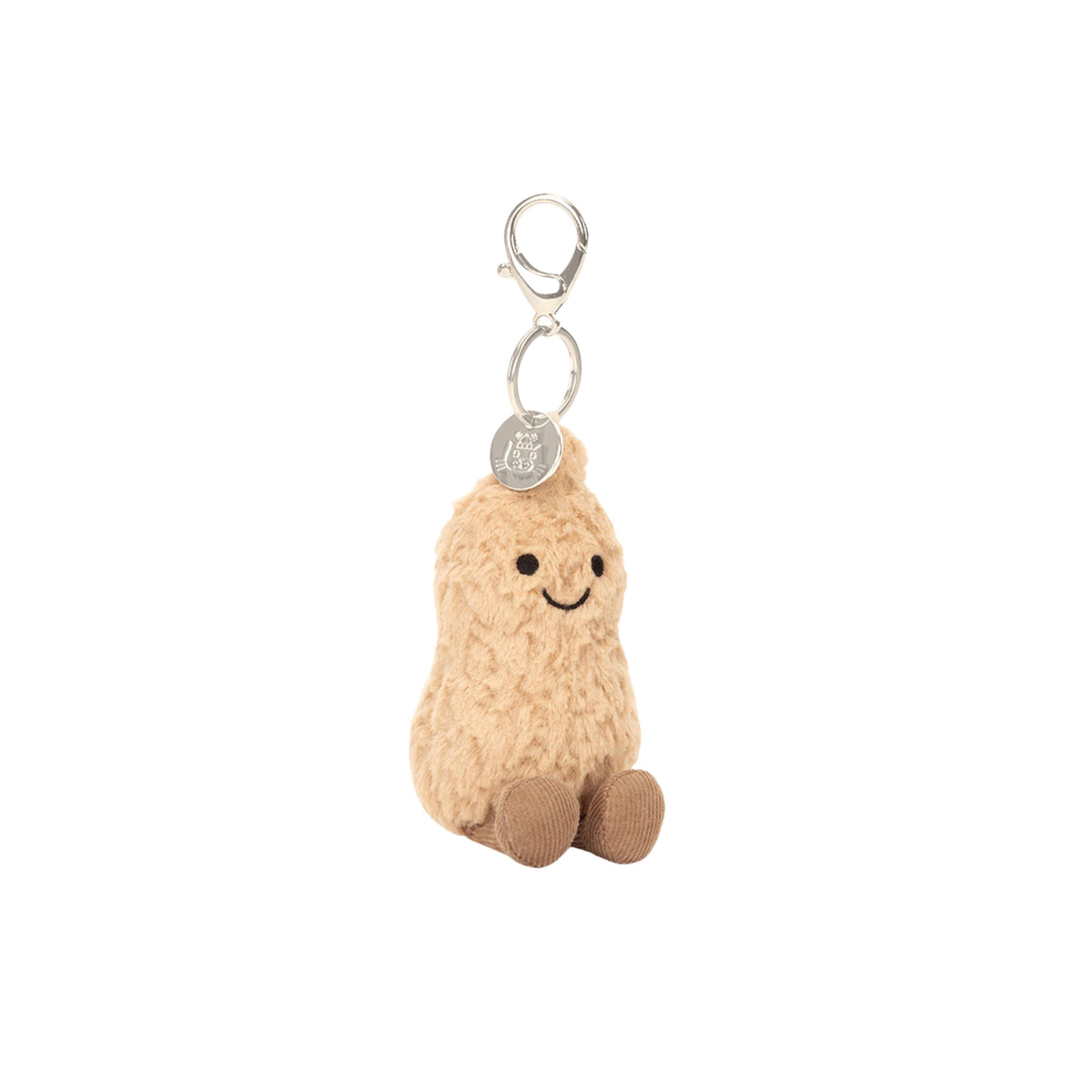 Jellycat amuseable peanut bag charm with a plush shaped like a peanut with a metal clip on a white background. 