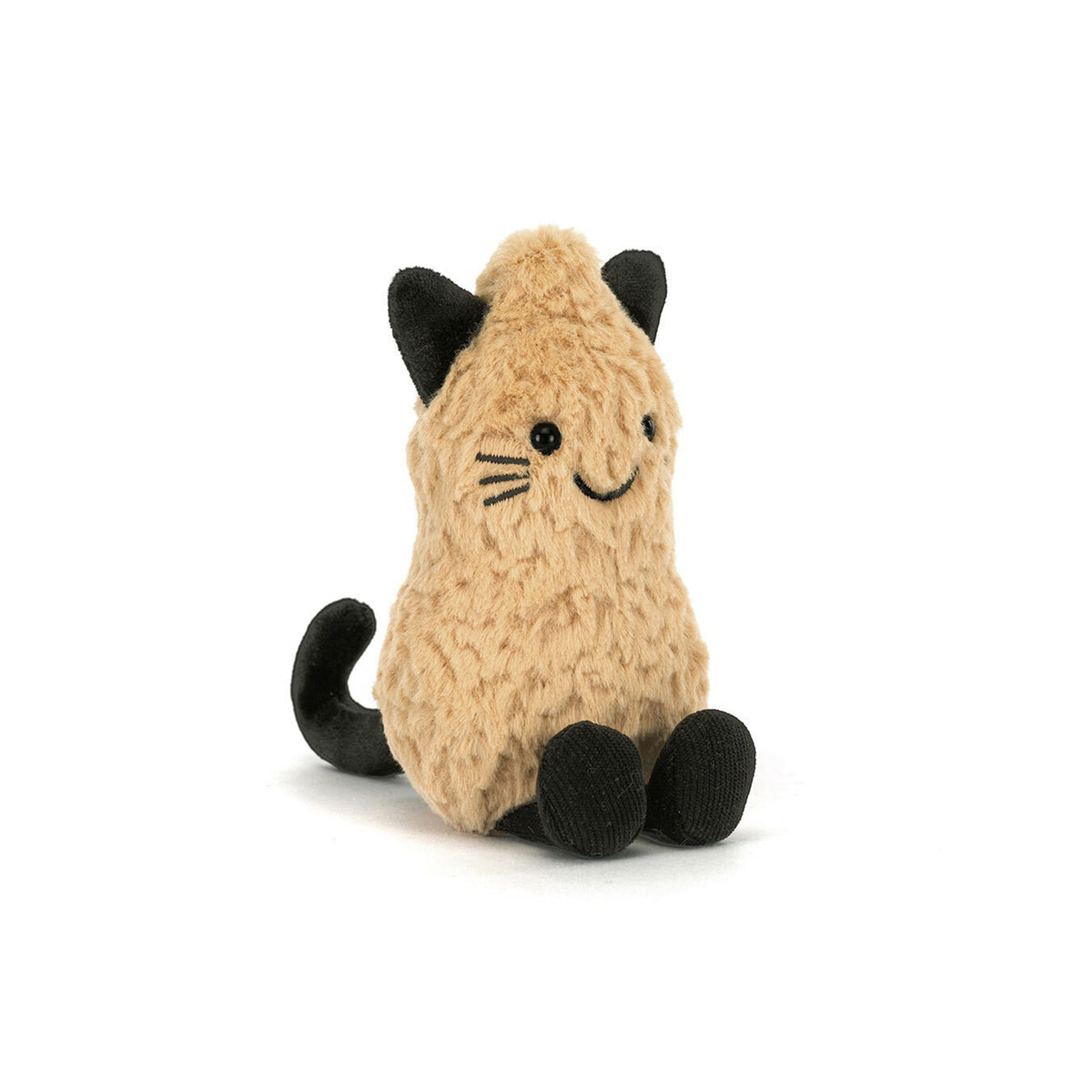 A plush Jellycat peanut cat toy in beige with black ears, paws, and tail, sitting on a clean white background.