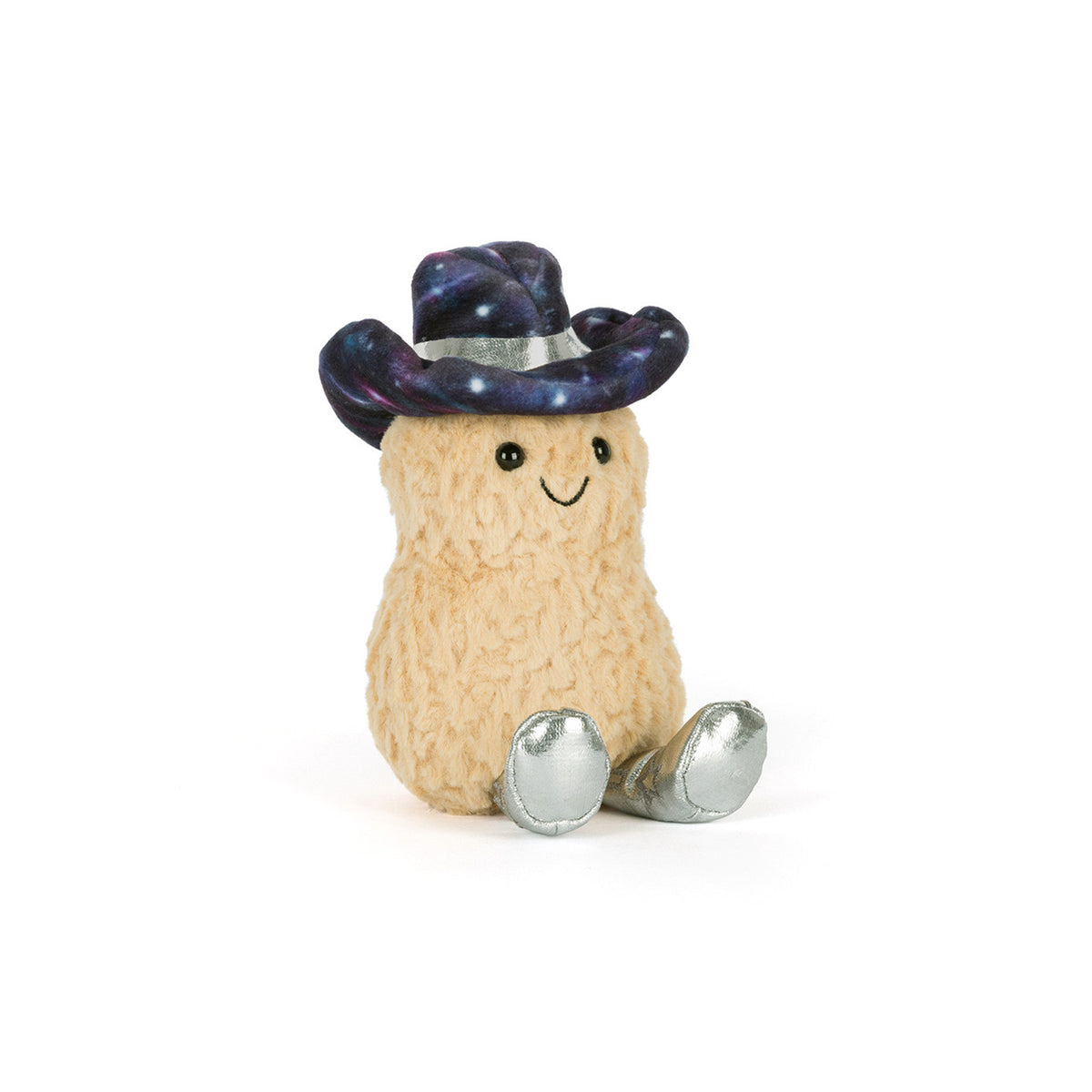 Toy figure of a Jellycat Space Rodeo Peanut character with a cowboy hat on a white background
