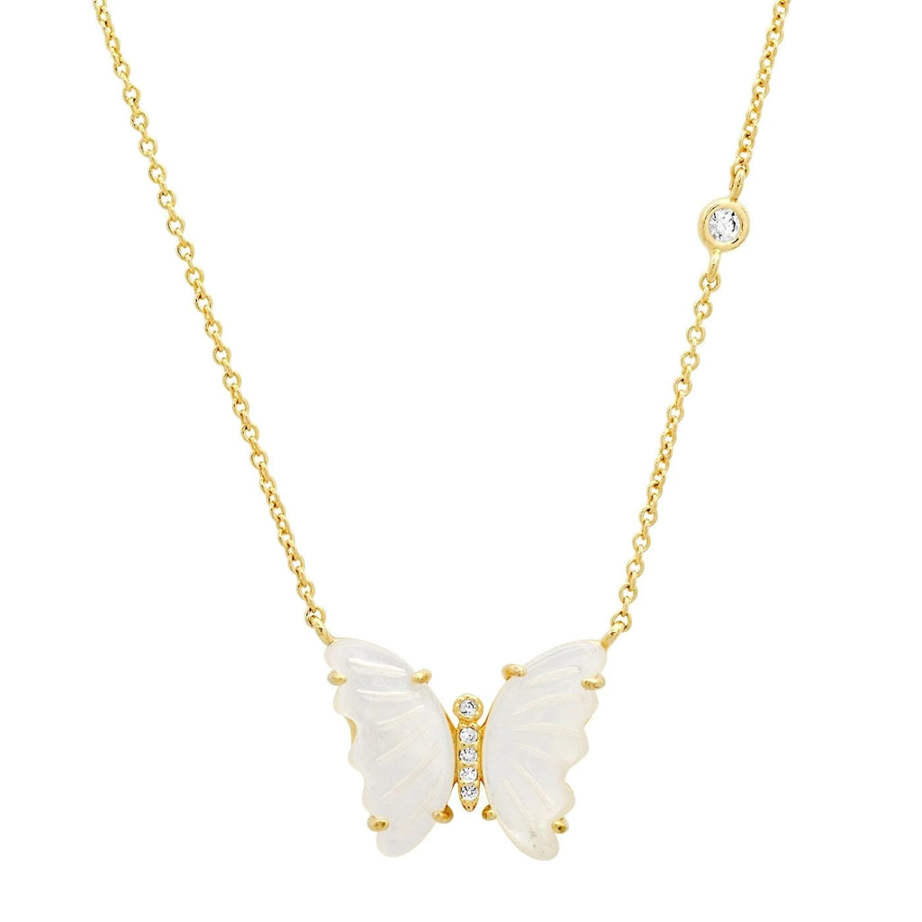 Beautifully elegant, this necklace features a butterfly, delicately carved from natural mother-of-pearl. The gold-plated brass chain is accented with a tiny crystal for a subtle and sophisticated touch of sparkle. Pendant is approximately 12mm in height and width, chain is 16 inches with a 2-inch extender.