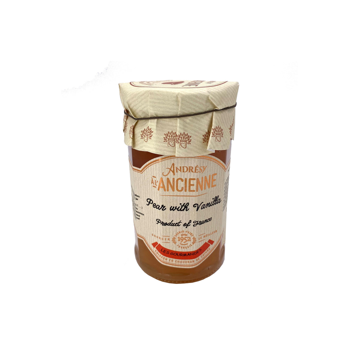 A jar of pear and vanilla preserves on a white background