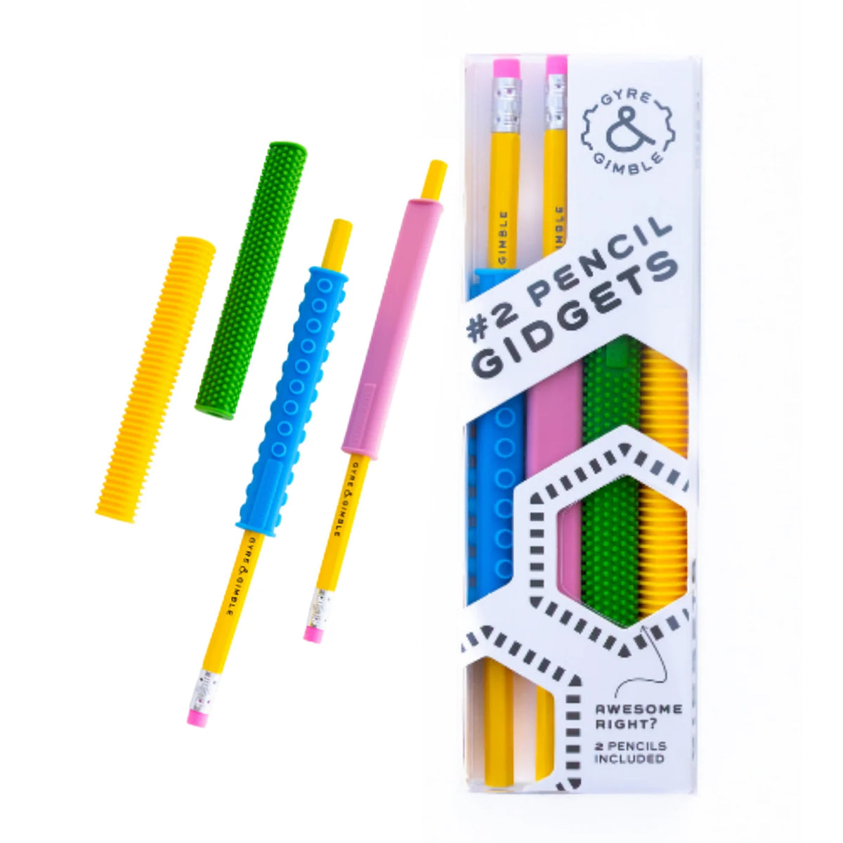 Three colorful pencil grip gidgets in yellow, blue, and pink are shown next to their retail packaging box. The packaging is white with black text reading '#2 PENCIL GIDDITS' and features a logo for 'TYPE & GIMBLE'.