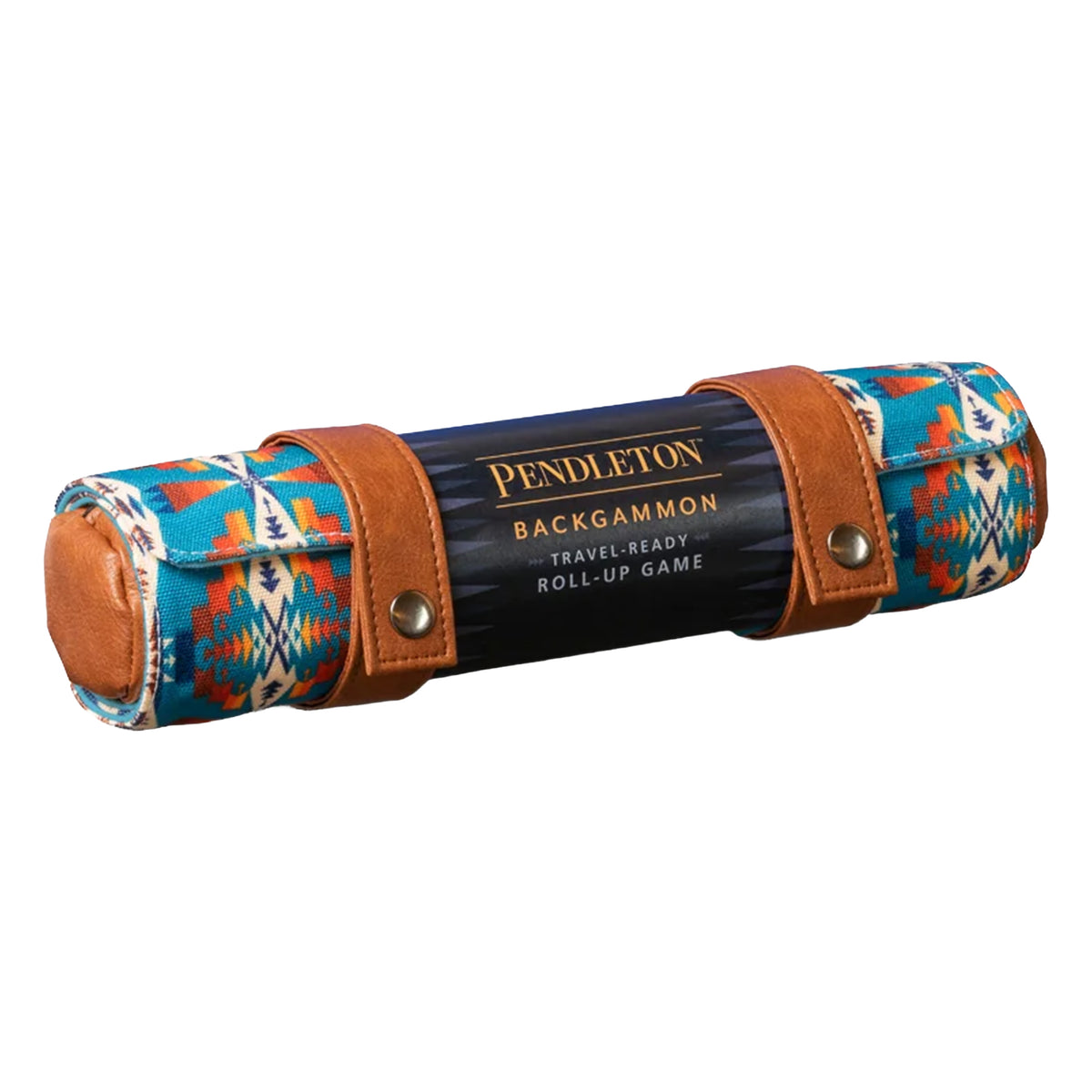 A rolled-up Pendleton Backgammon travel-ready roll-up game case, featuring a Southwestern patterned fabric in teal, orange, and cream, brown leather straps, and a dark navy central band with gold lettering.