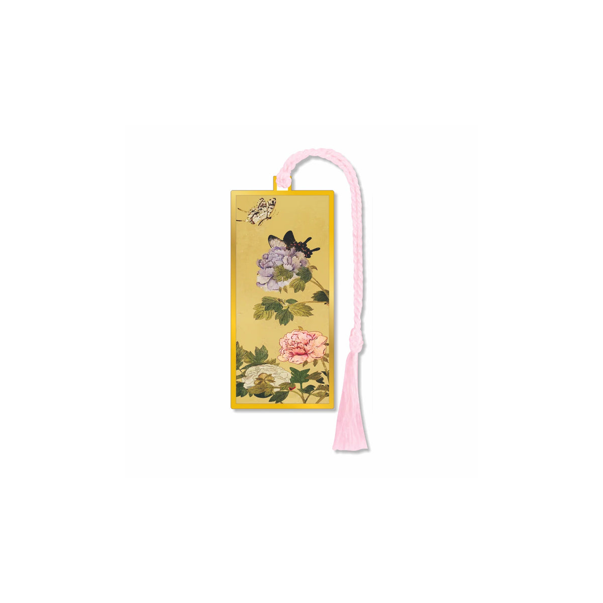 A rectangular yellow bookmark featuring a traditional Japanese-style illustration of a butterfly, purple flowers, and a pink peony, with a light pink looped ribbon at the top.