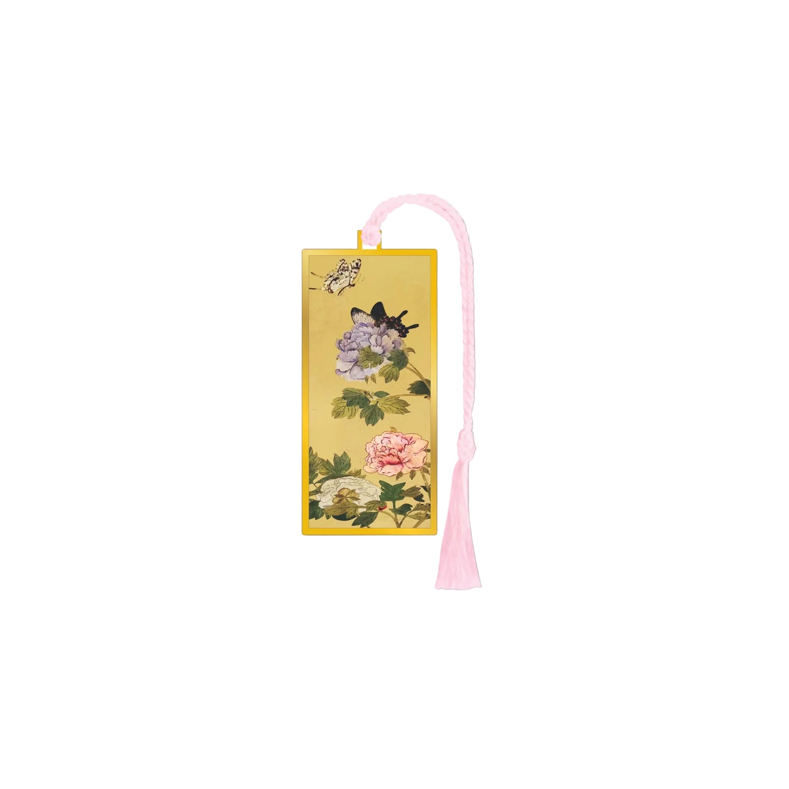 A rectangular yellow bookmark featuring a traditional Japanese-style illustration of a butterfly, purple flowers, and a pink peony, with a light pink looped ribbon at the top.