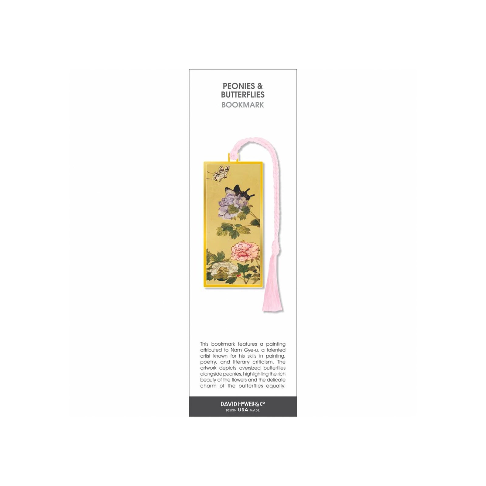 A rectangular yellow bookmark featuring a traditional Japanese-style illustration of a butterfly, purple flowers, and a pink peony, with a light pink looped ribbon at the top.