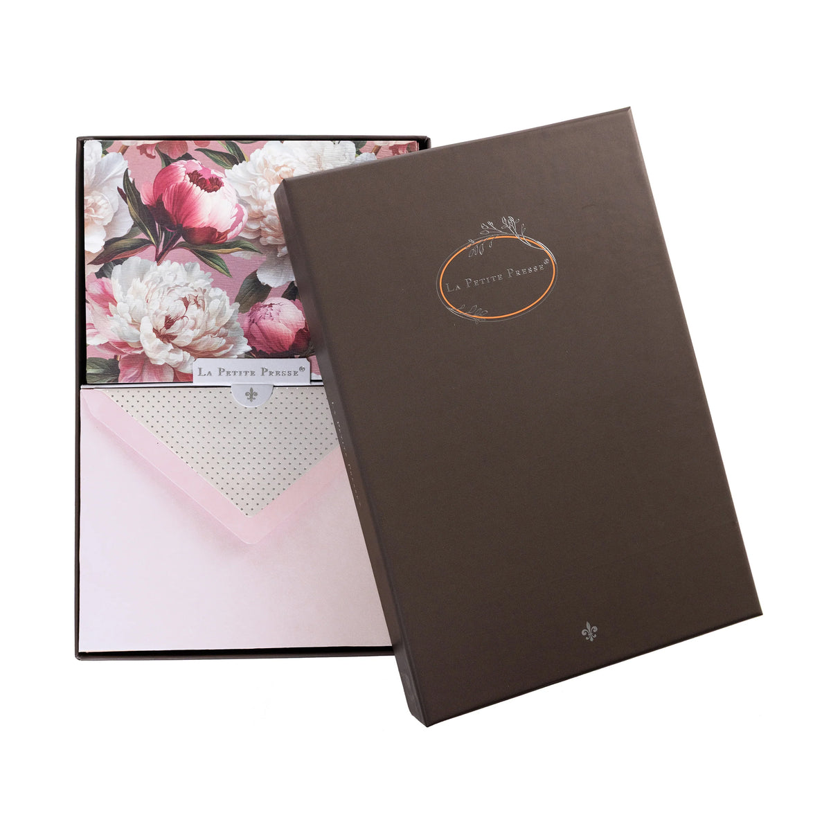 Boxed set of notecards and envelopes with a pink peony design on a white background.