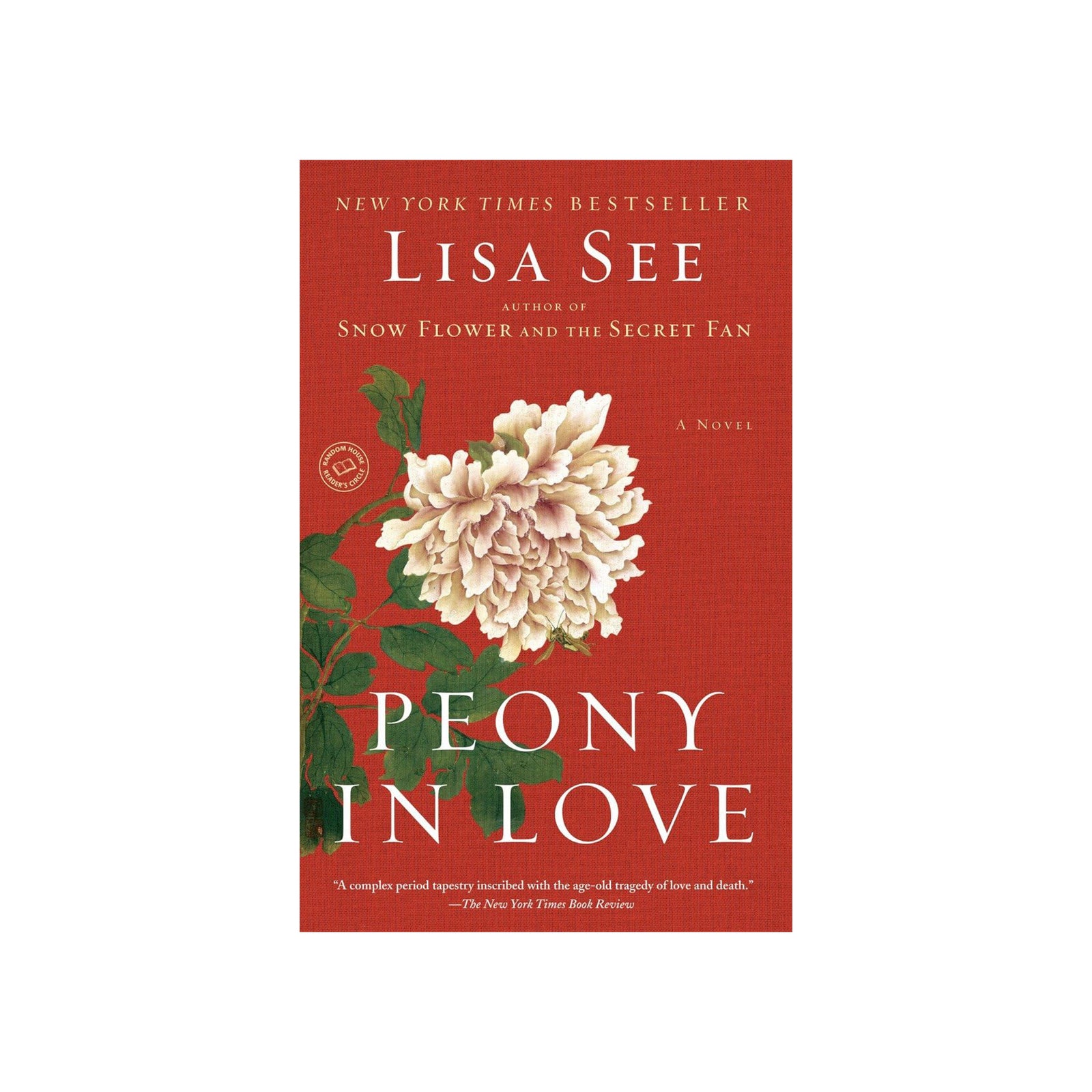 Book cover of 'Peony in Love' by Lisa See with a red background and floral design.