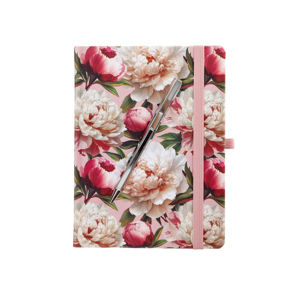Journal with a pink peony design and a silver pen on white background.