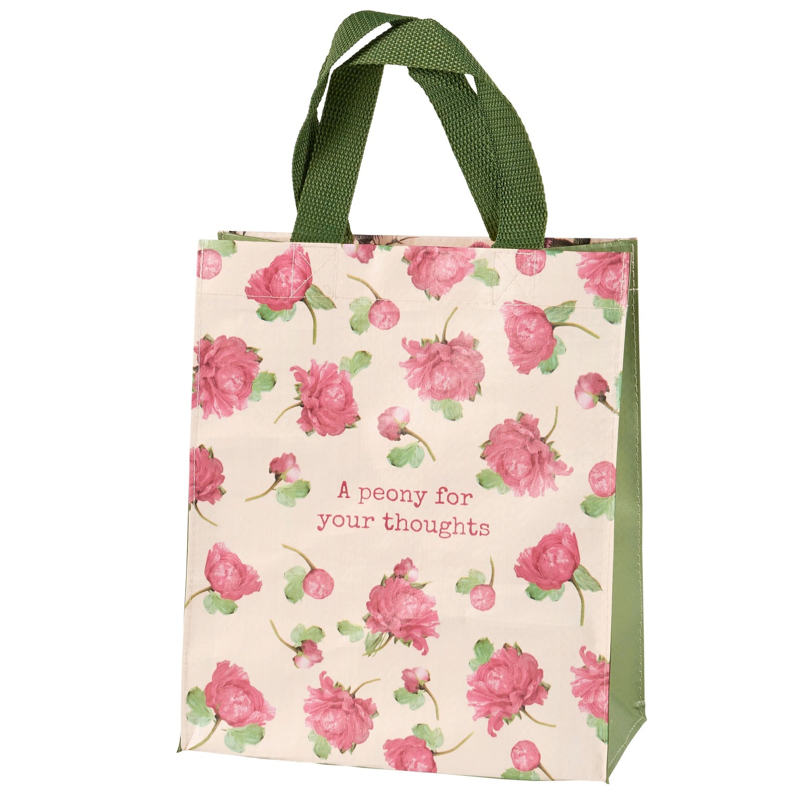 This handy little tote is an excellent reusable gift bag, lunch tote, and more! Both sides of the tote feature cute, vintage-style botanical art. On one side, there are pretty pink peonies with the sentiment, "A peony for your thoughts," and on the other, marvelous magenta thistles with the sentiment, 'Thistle be a beautiful day'. This eco-friendly, super sturdy tote is made from 95% post-consumer recycled materials. Dimensions: 8.75" x 10.25" x 4.75"