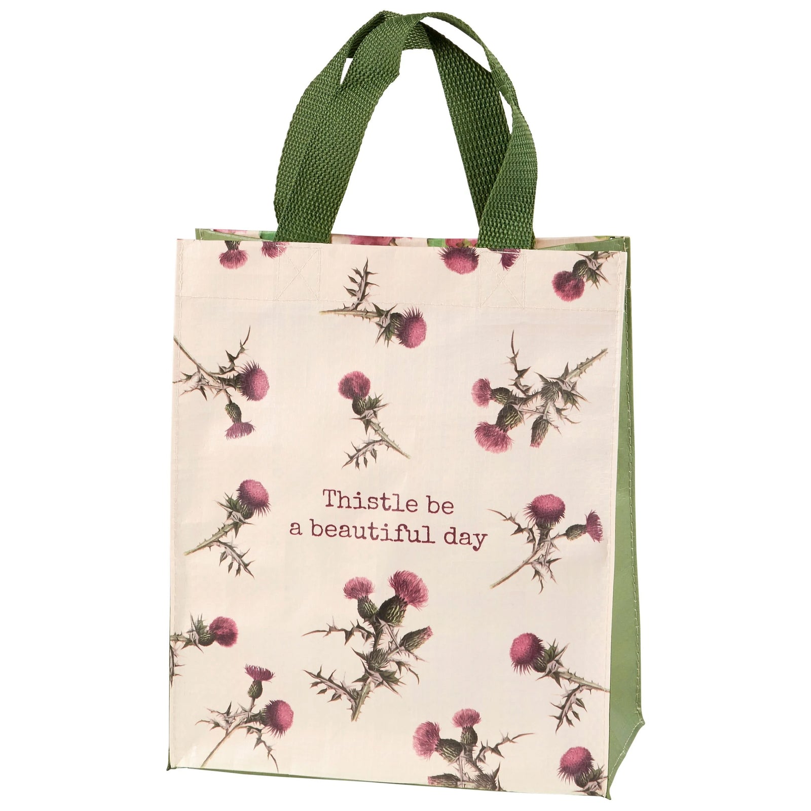 This handy little tote is an excellent reusable gift bag, lunch tote, and more! Both sides of the tote feature cute, vintage-style botanical art. On one side, there are pretty pink peonies with the sentiment, "A peony for your thoughts," and on the other, marvelous magenta thistles with the sentiment, 'Thistle be a beautiful day'. This eco-friendly, super sturdy tote is made from 95% post-consumer recycled materials. Dimensions: 8.75" x 10.25" x 4.75"