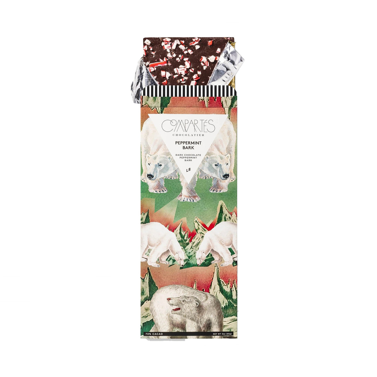 Compartes chocolate bark packaging with polar bears and Christmas elements