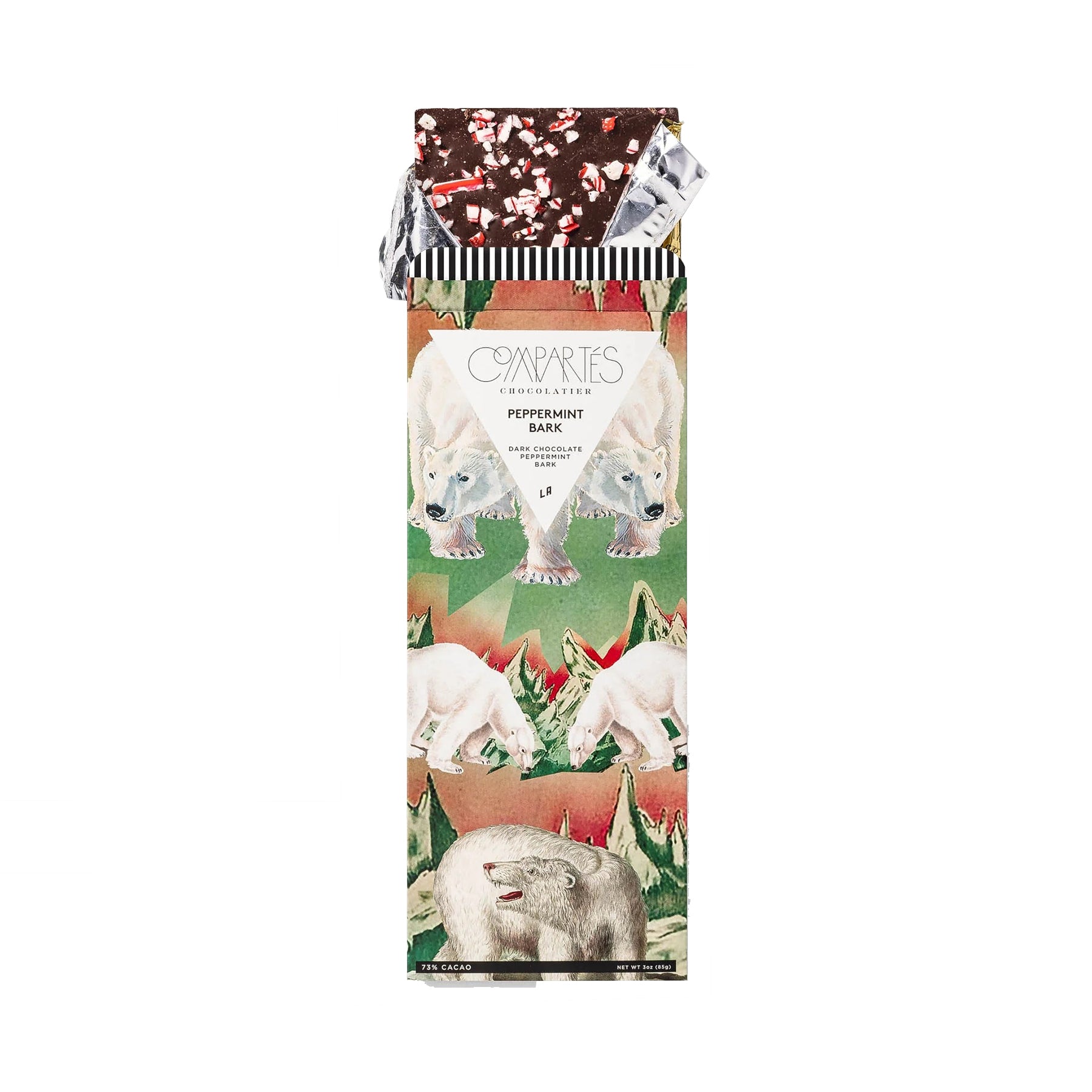 Compartes chocolate bark packaging with polar bears and Christmas elements
