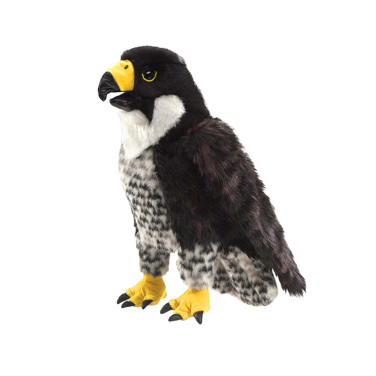A realistic plush falcon toy hand puppet with black and white mottled feathers, a bright yellow beak, and yellow feet, isolated on a white background.