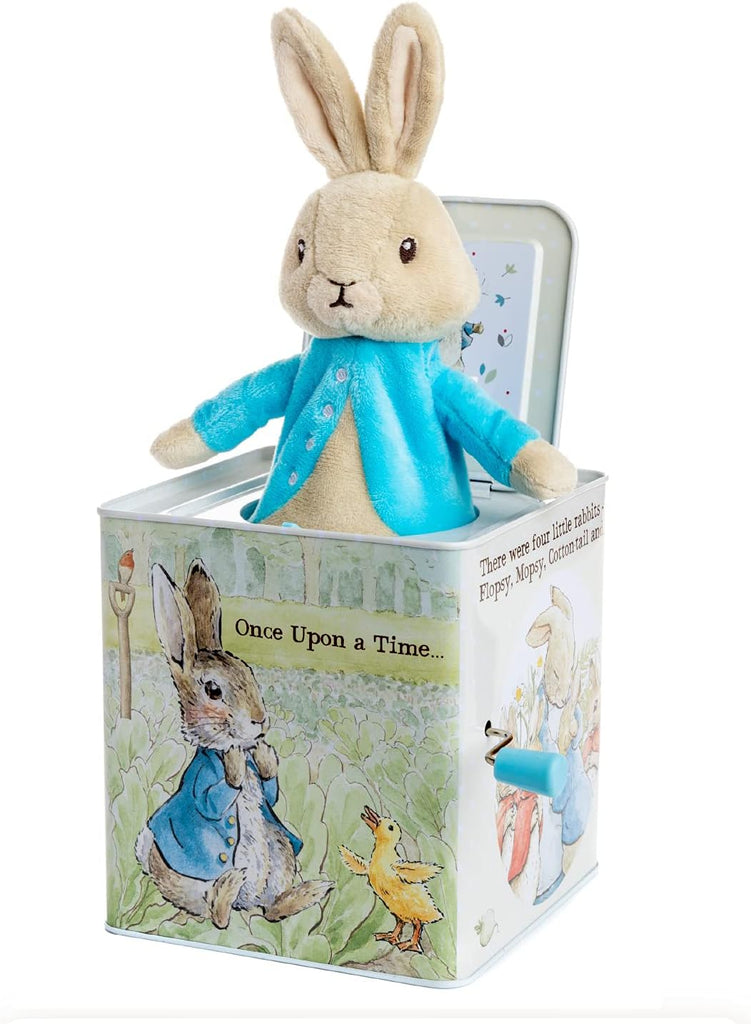 An adorable new version of a classic, retro toy that has amused babies for decades. This jack-in-a-box features a pop-up Peter Rabbit, housed inside a metal box, decorated with Beatrix Potter's delightful illustrations of Peter and his furry and feathered friends. Gently turn the hand crank, and a cute twinkling rendition of 'Pop Goes the Weasel' will play, with Peter popping up at the end of the song