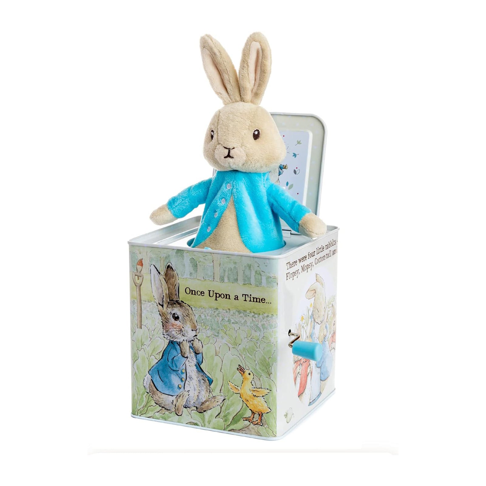 A Peter Rabbit jack-in-the-box toy with the character popped out at the top, housed inside a box decorated with illustrations from Beatrix Potter's stories.