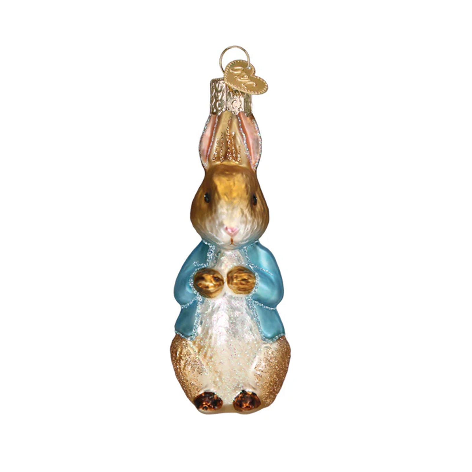 Glass ornament of Beatrix Potter's Peter Rabbit with a blue sweater on a white background