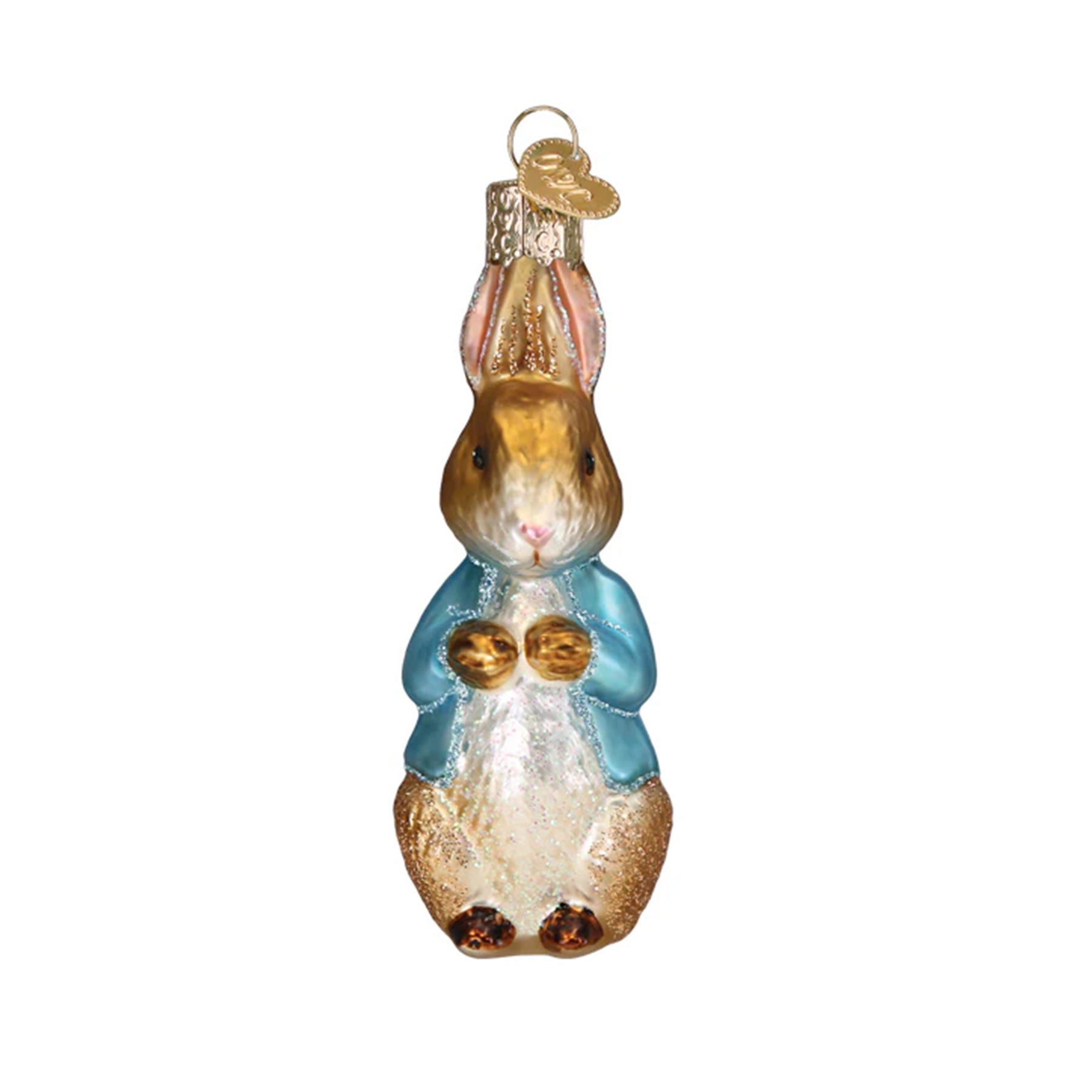 Glass ornament of Beatrix Potter's Peter Rabbit with a blue sweater on a white background