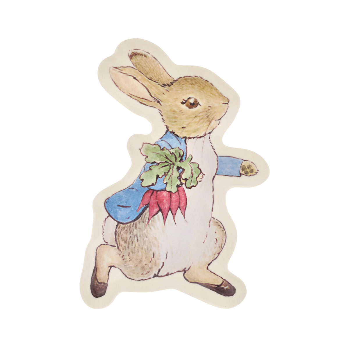 Reusable plate in the shape of Beatrix Potter's Peter Rabbit character holding vegetables on a white background