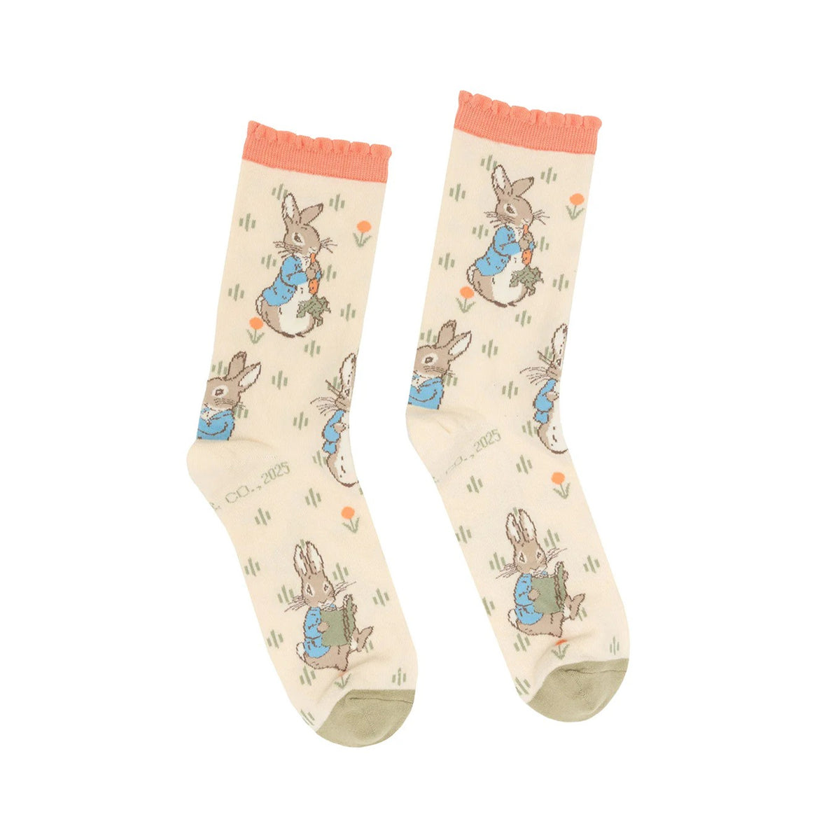 Pair of socks featuring Beatrix Potter's Peter Rabbit character on a white background.