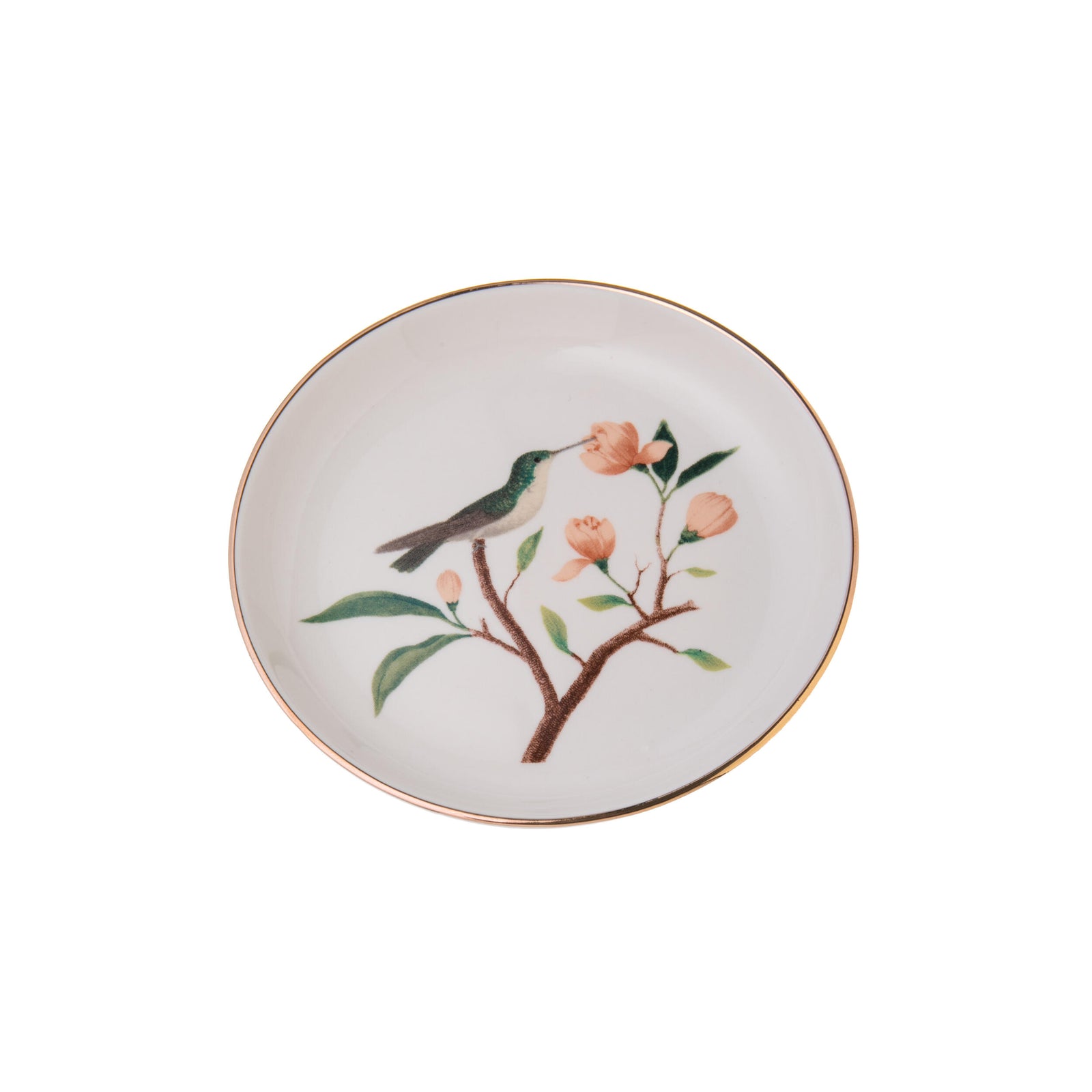 Decorative trinket dish and matching gift box with hummingbird and floral design on a white background